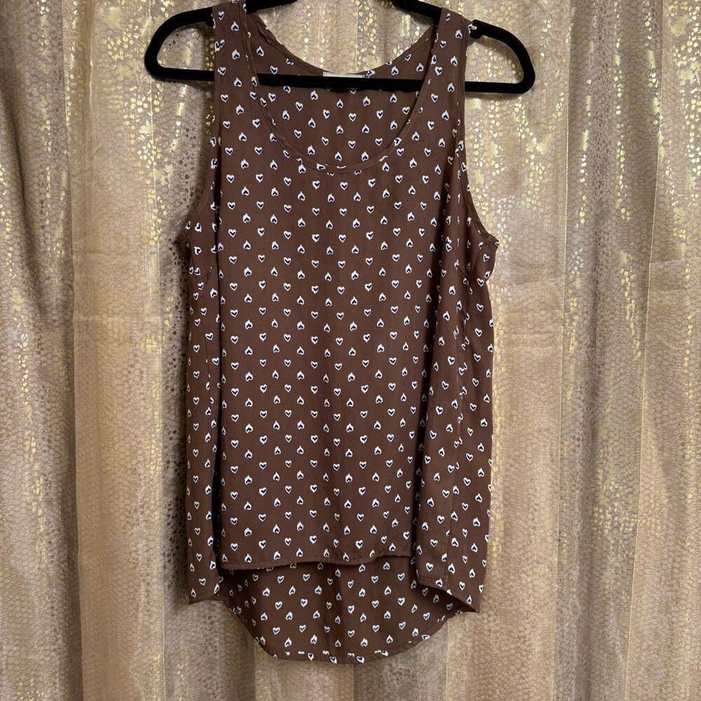 Pleione Chocolate Brown Blue Hearts Hi Low Tank Top Small